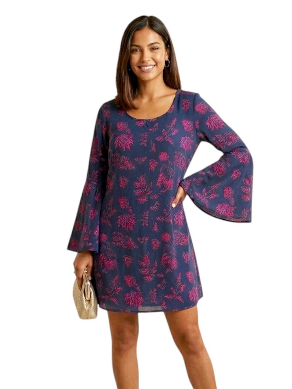 Blue Rain - Navy & Pink Floral Bell Sleeve Mini Dress - Size Medium